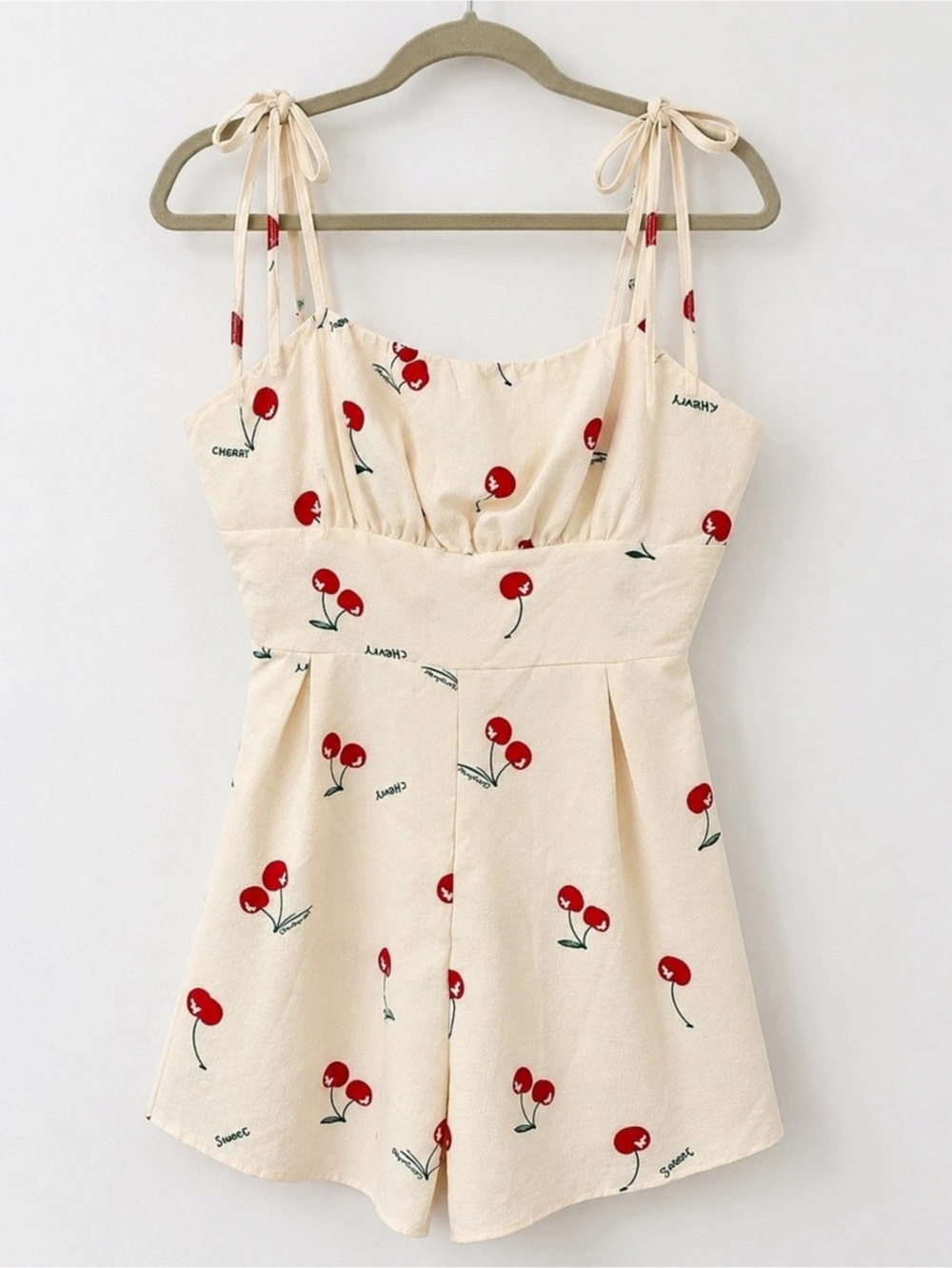 Cream Cherry Print Romper Adjustable Tie Straps Coquette Size L